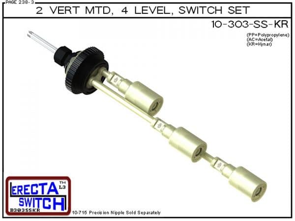 10-303-KR Multi Level Switch 2" NPT Vertical Mounted Extended Stem Shielded Three Level Switch Set (Kynar) features a 1-1/4" NPT wiring receptacle providing a weather tight chamber for wire splices, a 2" NPT adapter, extended stem hardware and slosh shiel