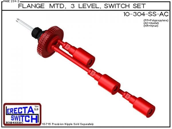 10-304-SS-AC Multi Level Switch Flange Vertical Mounted Shielded Three Level Switch Set (Acetal) features a 1-1/4" NPT wiring receptacle providing a weather tight chamber for wire splices, slosh shields and our unique flange nuts.Acetal Liquid Level Switc
