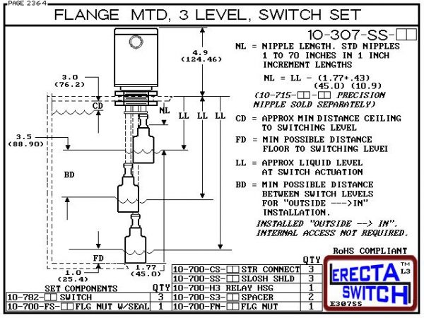 Diagram - 10-307-SS-KR Multi Level Switch Flange Mounted Relay Housing Three Level Shielded Level Switch Set (Kynar) features a 1-1/4" NPT Relay Housing providing a liquid tight chamber for your control relay or wire splices and and our unique flange nuts