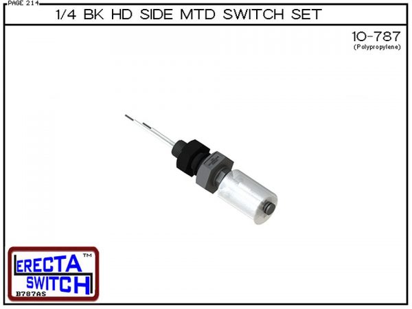 10-787-BLK 1/4" NPT Bulk Head Side Mounted Level Switch Set adds a 1/4 NPT bulkhead fitting to the 10-785 side mounted liquid level switch set Polypropylene liquid level switch version is suitable for water, soaps , light acid liquid level sensor applicat