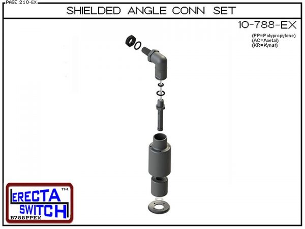Exploded View - 10-788-KR-BLK Shielded Angle Connector Side Mounted Liquid Level Set (Kynar) adds an angle connector and slosh shield to the 10-782 vertical mounted level switch transforming it to a side mounted shielded liquid level switch.Kynar Level Sw