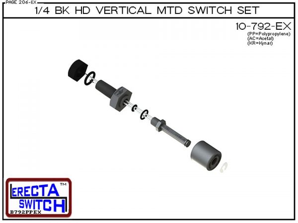 Exploded View - 10-792-AC-BLK 1/4 Bulk Head Vertical Mounted Level Switch adds a 1/4" NPT bulkhead fitting to the 10-782 Liquid level switch. Liquid Level Sensor set seals to the bulkhead fitting with double o ring seal. Mount this level switch set to an