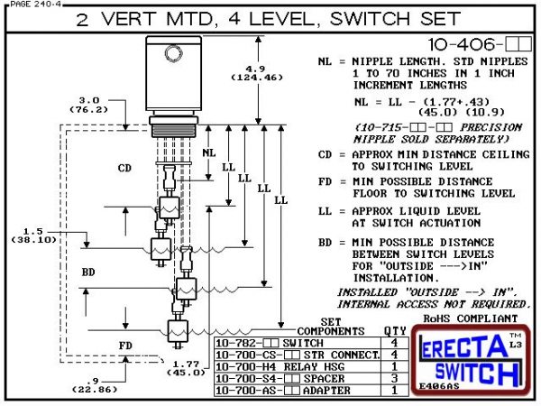 Diagram - 10-406-AC 2" NPT Relay Housing Vertical Mounted Four Level extended Stem Shielded Multi Level Switch Set. 1-1/4" NPT Relay Housing featured in this multi level switch set provides a liquid tight chamber for your control relay or wire splices and