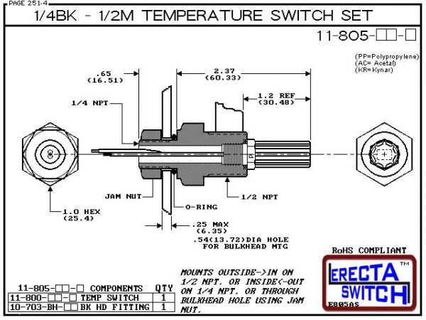 11-805-PP 1/4 Bulkhead - 1/2 Male NPT Temperature Switch Set (Polypropylene) - OEM 10 Pack -5399