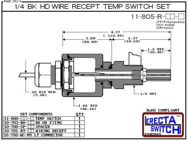 11-805-R-PP 1/4 Bulkhead - 1/2 Male NPT Wire Receptable Temperature Switch Set (Polypropylene) - OEM 10 Pack -5435