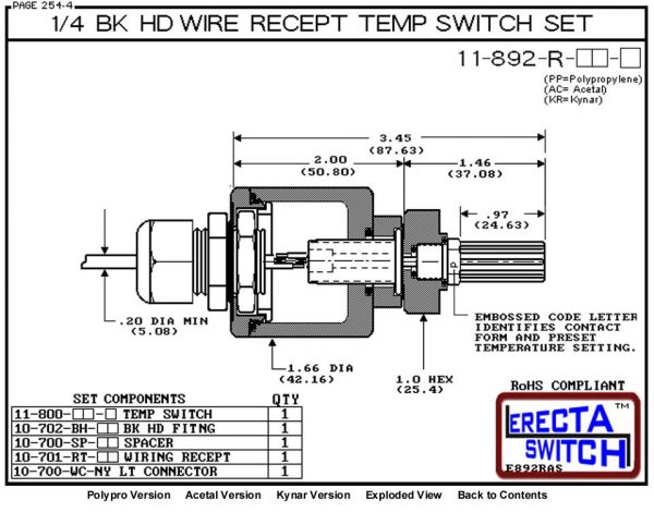 11-892-R-KR Bimetal 1/4 Bulkhead Wire Receptacle Temperature Switch Set (PVDF Kynar) - OEM 10 Pack -5532