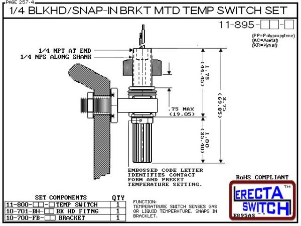 11-895-KR Bimetal 1/4 Bulkhead / Snap-In Bracket Mounted Temperature Switch Set (PVDF Kynar) - OEM 10 Pack -5715