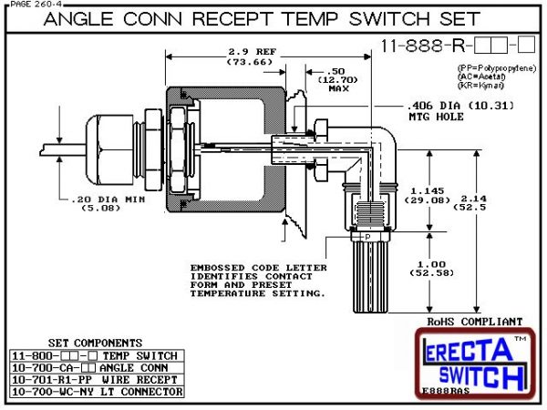 11-888-R-KR Bimetal Angle Connector Mounted Wiring Receptacle Temperature Switch Set (PVDF Kynar) - OEM 10 Pack -5682