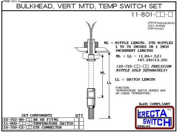 11-801-PP 1/4 Bulkhead Mounted Temperature Probe / Bimetal Temperature Switch Set (Polypropylene) - OEM 10 Pack -5763