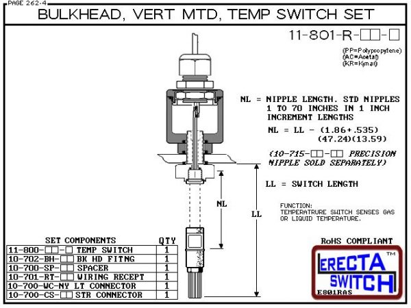 11-801-R-KR 1/4 Bulkhead Mounted Wiring Receptacle Temperature Probe / Bimetal Temperature Switch Set (PVDF Kynar)-5821