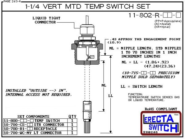 11-802-R-KR 1-1/4 Mounted Wire Receptacle Temperature Probe / Bimetal Temperature Switch Set (PVDF Kynar)-5858