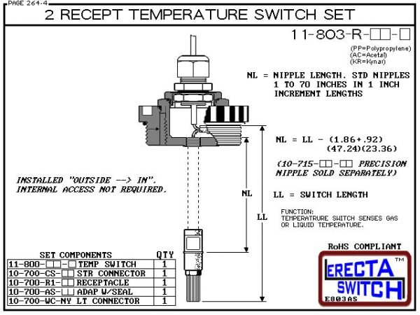 11-803-R-AC 2" NPT Wire Receptacle Temperature Probe / Bimetal Temperature Switch Set (Acetal) - OEM 10 Pack -5885