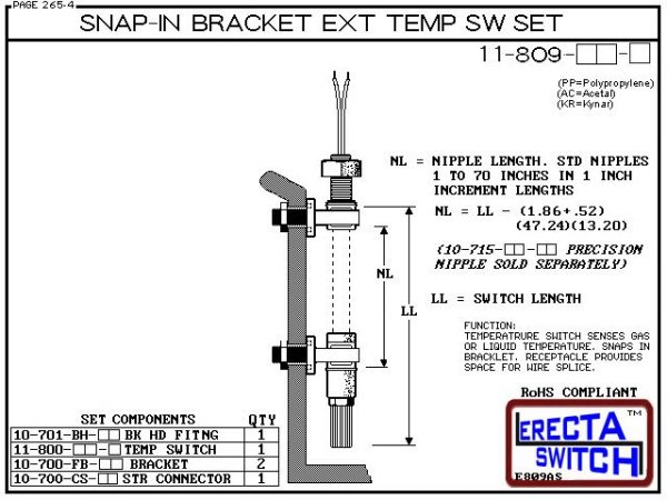 11-809-KR Snap-In Bracket Temperature Probe / Bimetal Temperature Switch Set (PVDF Kynar) - OEM 10 Pack -5976