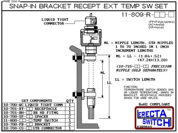 11-809-R-KR Snap-In Bracket Mounted Wiring Receptacle Temperature Probe / Bimetal Temperature Switch Set (PVDF Kynar) - OEM 10 Pack -5941