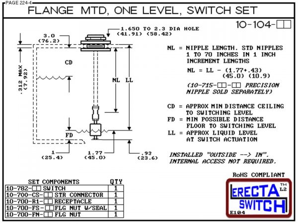 10-104-PP Flange Vertical Mounted One Level Level Switch Set (Polypropylene)-6171