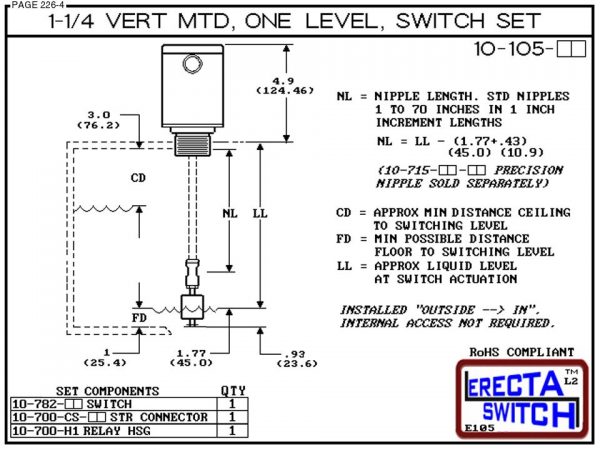10-105-PP 1-1/4" NPT Relay Housing Vertical Mounted One Level extended Stem Level Switch Set (Polypropylene) - OEM 10 Pack -6209