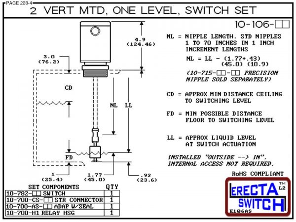 10-106-PP 2" NPT Relay Housing 1 Level Extended Stem Level Switch Set (Polypropylene) - OEM 10 Pack -6246
