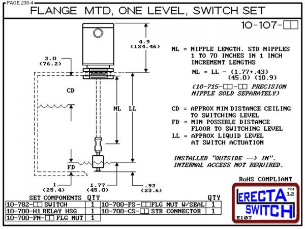 10-107-PP Flange Mounted Relay Housing 1 level Float Switch Set (Polypropylene) - OEM 10 Pack -6283