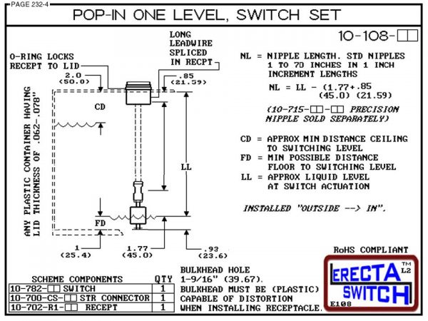 10-108-PP Pop-In Mount 1 Level Float Switch Set (Polypropylene) - OEM 10 Pack -6318