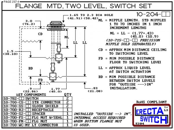 10-204-PP Flange Mounted Two Level Float Switch Set (Polypropylene) - OEM 10 Pack -6387