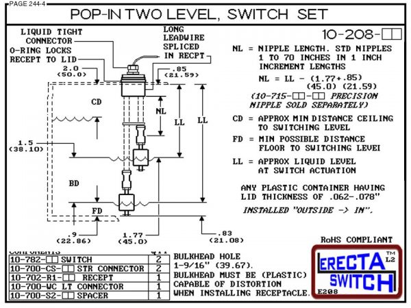 10-208-PP Pop-In Mount 2 Level Float Switch Set (Polypropylene) - OEM 10 Pack -6483
