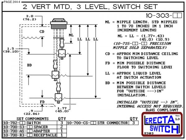 Diagram - 10-303-PP 2" NPT 3 Level Drum Float Switch Set (Polypropylene)