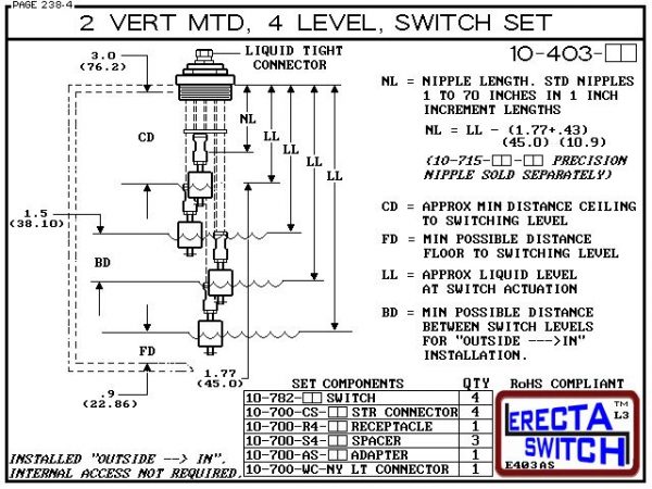Diagram - 10-403-AC 2" NPT Vertical Mounted Four Level Extended Stem Shielded Multi Level Switch Set features a 1-1/4" NPT wiring receptacle providing a weather tight chamber for wire splices, a 2" NPT adapter, extended stem hardware and slosh shields.Ace