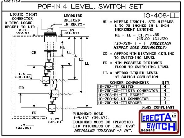 Diagram - 10-408-AC Pop-In Four Level Extended Stem Shielded Multi Level Switch Set features our unique Pop-in wiring receptacle providing a weather tight chamber for wire splices. The Pop-In receptacle cap has a 1/2" center knock out and Multi Level Swit