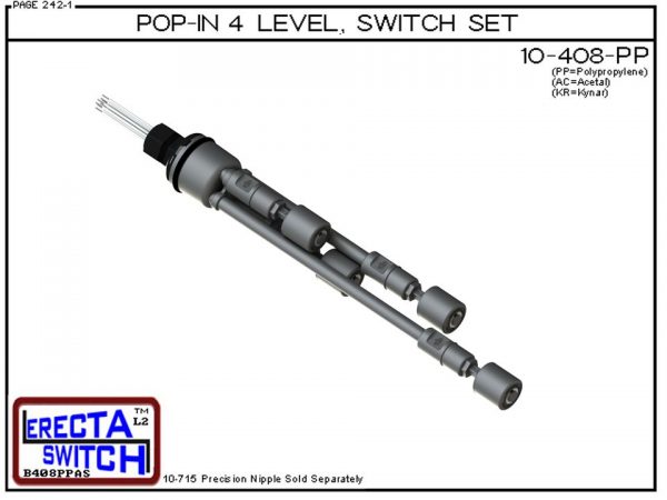 10-408-PP Pop-In Four Level Extended Stem Shielded Multi Level Switch Set features our unique Pop-in wiring receptacle providing a weather tight chamber for wire splices. The Pop-In receptacle cap has a 1/2" center knock out and Multi Level Switch set pro