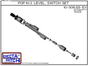 Exploded View - 10-308-SS-AC Multi Level Switch Pop-In Extended Stem Shielded Three Level Switch Set (Acetal) features our unique Pop-in wiring receptacle providing a weather tight chamber for wire splices.Acetal Liquid Level Switch Version is suitable fo