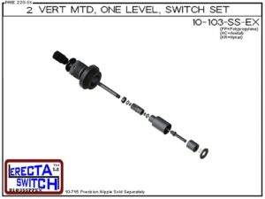 Exploded View - 10-103-SS-PP-BLK 2" NPT Vertical Mounted One Level Extended Stem Shielded Level Switch Set (Polypropylene) features a 1-1/4" NPT wiring receptacle providing a weather tight chamber for wire splices, a 2" NPT adapter, extended stem hardware