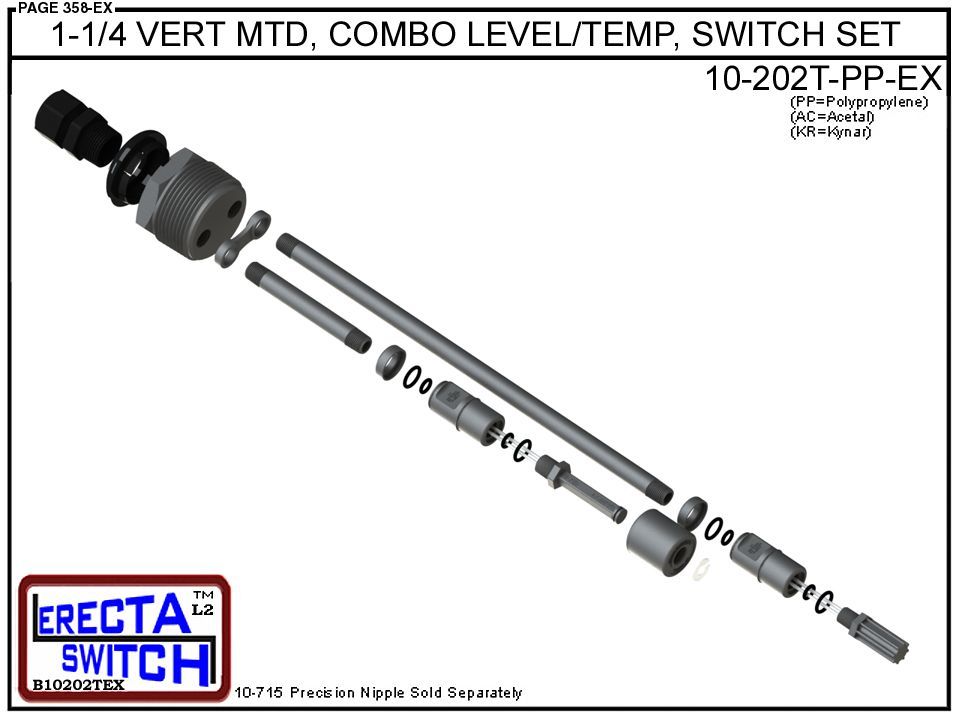 10-202T-PP 1-1/4 Vertical Mounted Combination Level Switch / Temperature Switch Set (Polypropylene) - OEM 10 Pack - Image 4