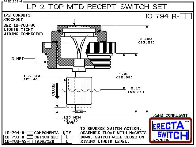 10-794-R-KR LP 2 Top MTD Recept Level Switch Set (PVDF Kynar) - OEM 10 Pack - Image 3